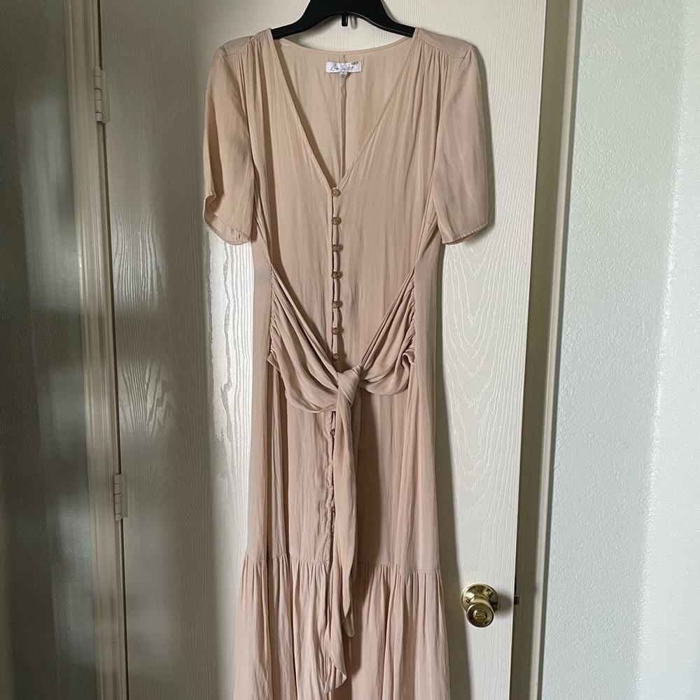 Beige/Tan/Nude Button Down Dress - tie sash spring summer outfit feminine pink